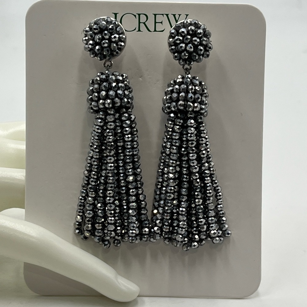 J. Crew Beaded Tassel Earrings Silver Mirror, Gold Plated Hypoallergenic NWT